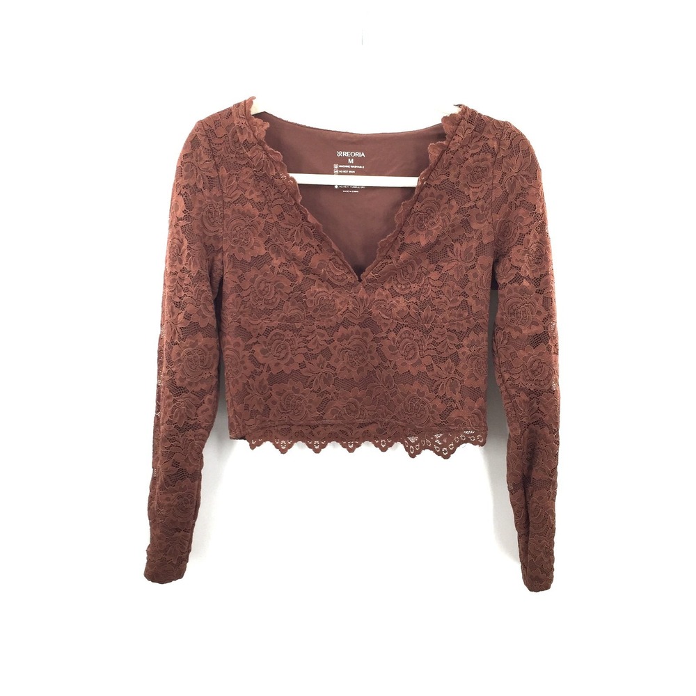 Reoria Brown lace long sleeve crop top y2k fairycore boho retro stretch blouse M